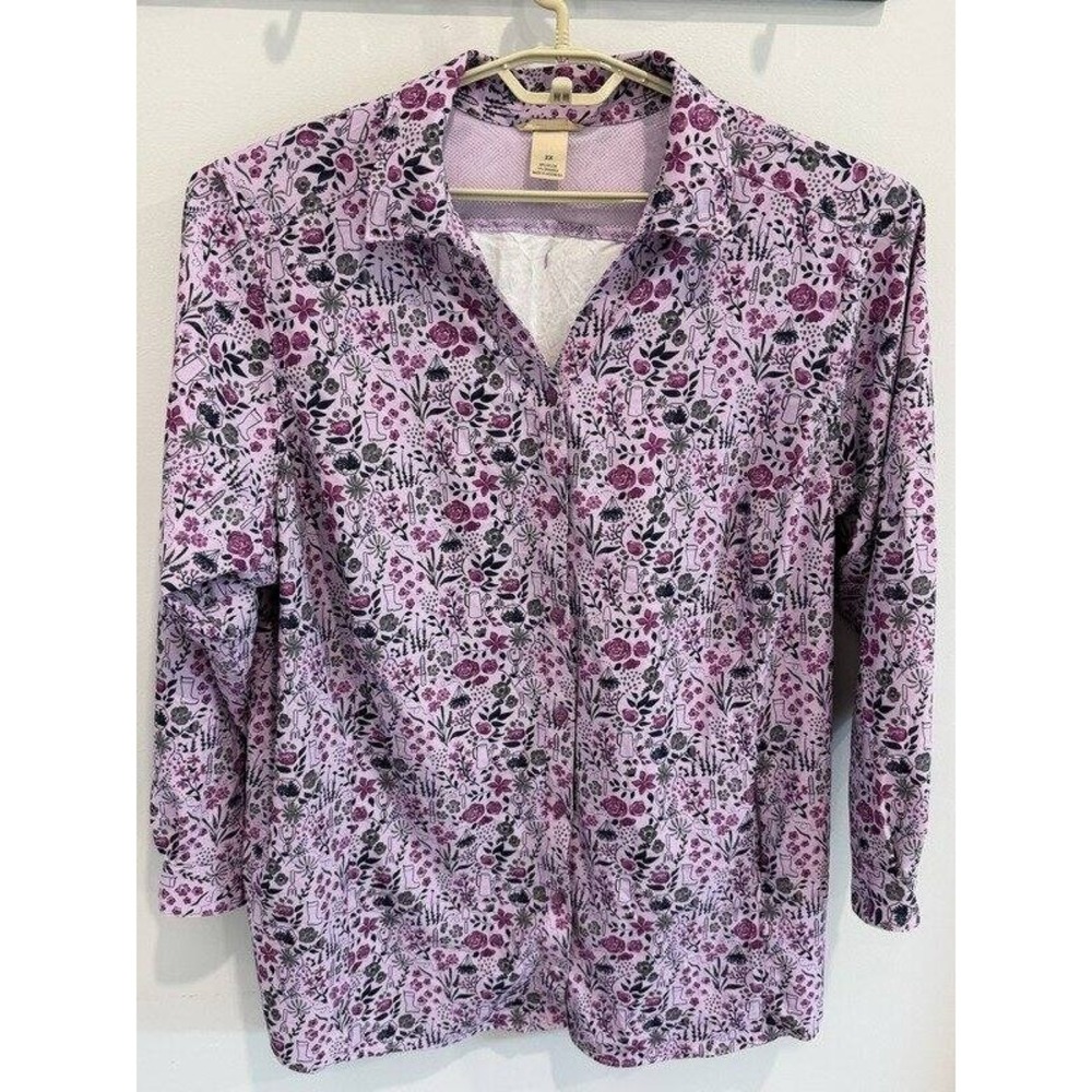 Duluth Trading Co Long Sleeve Purple Garden Print Vented Button Front Shirt 2X